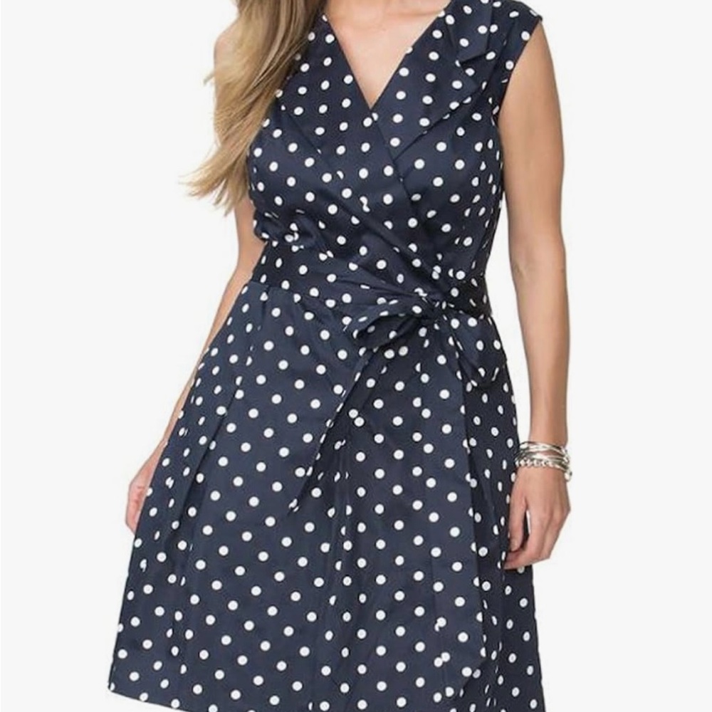 Chaps Navy with White Polka Dot Sleeveless Wrap Midi Dress